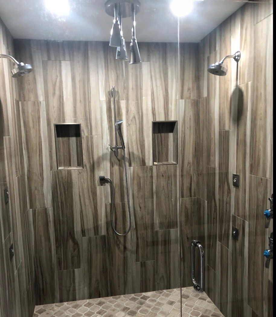 Eric's House master bathroom shower wood tile