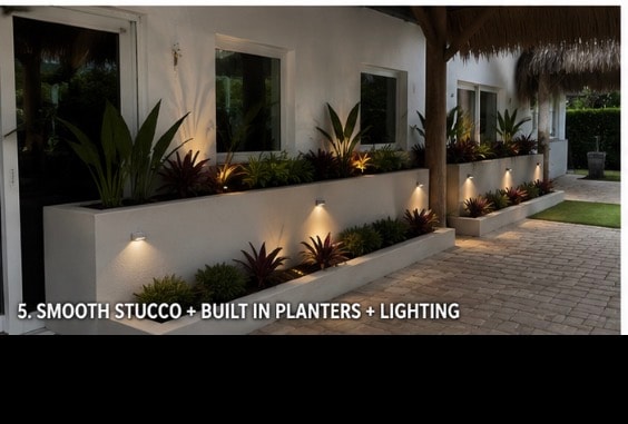 North Shore home exterior with illuminated planters