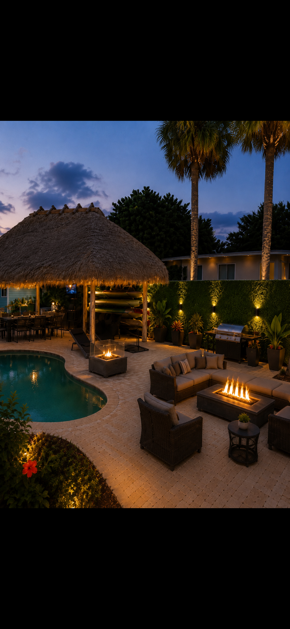 North Shore backyard pool and tiki hut